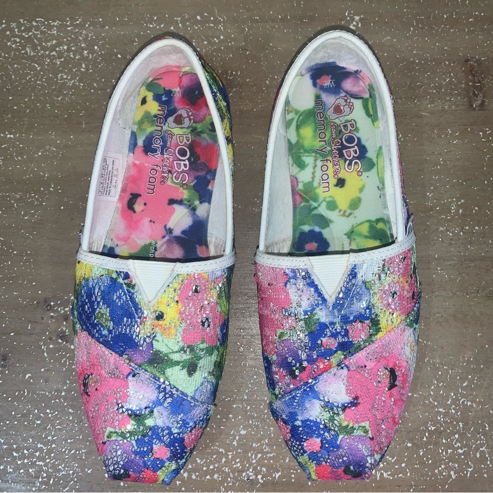 Bobs Skechers Plush Bouquet Floral Sequins Memory Foam Slip-On Shoes - Picture 5 of 12
